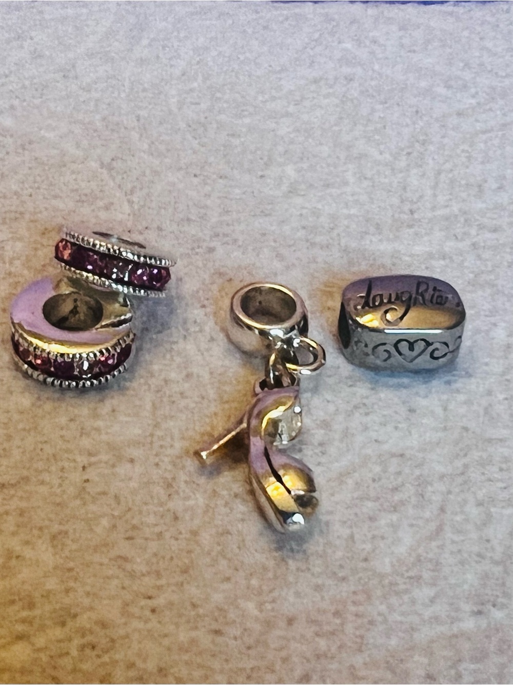 High heel charm & Daughter Script Silver Charm Bead with Pink Crystal Accents